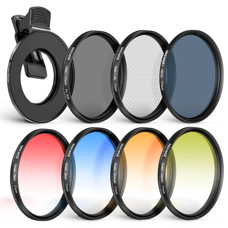 NEEWER 77mm Lens Filter Kit with Phone Lens Clip, CPL + ND32 + Star + 4 Graduated Color Filter Compatible with iPhone 17 16 16e 15 14 Pro Max Canon Nikon Sony Camera