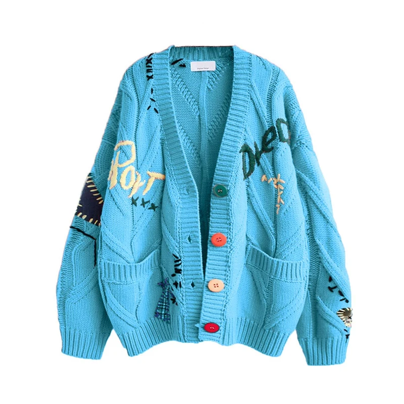 Women's Cable Knit Long Sleeve Open Front Cardigan Sheep V-Neck Button Down Embroidery Wool Blend Sweater Coat Outwear, Blue, XS