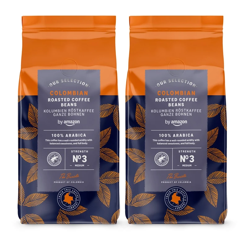 by Amazon Colombian Coffee Beans, Medium Roast,1Kg (2 Packs x 500g) - Rainforest Alliance Certified
