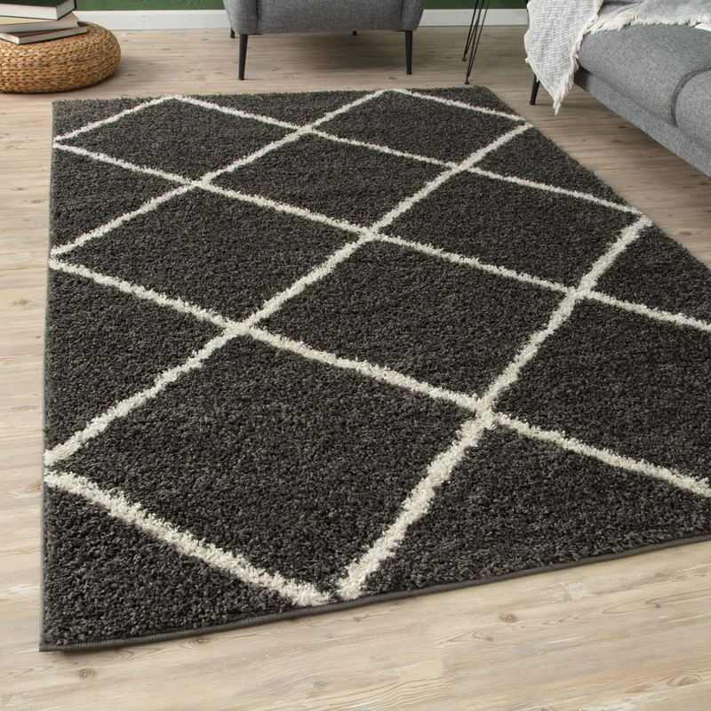 THE RUGS Shaggy Rug – Modern Moroccan Design Rugs for Living Room, Bedroom, Hallway, 3 cm Thick Area Rugs, (Diamond Dark Grey/Ivory, 160x230cm)