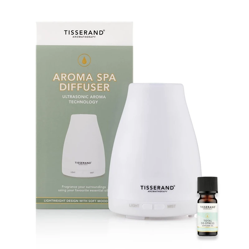 Tisserand Aromatherapy Total De-Stress Bundle - Orange, Geranium, Nutmeg Essential Oil Diffuser & Blend - White LED Light - Plastic, Polypropylene (PP) Material