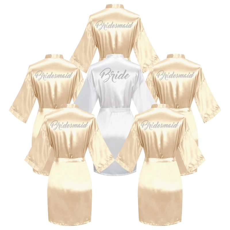 Valennia 6 Pieces Bridal Shower Bathrobe For Bride and Bridesmaid Robe With Rhinestone Getting Ready Kimono Gown, Champagne Bridal Set, One Size