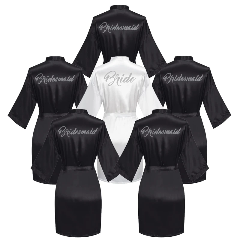 Valennia 6 Pieces Bridal Shower Bathrobe for Bride and Bridesmaid Robe with Rhinestone Getting Ready Kimono Gown, Black Bridal Set, One Size