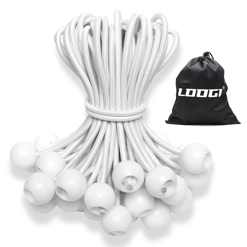 LOOGI Bungee Cord with Balls, 25Pcs 4 Inch White Bungee Ball Cords, Heavy Duty Tarp Bungees Ties Elastic Tie Down Straps for Tarpaulin Tent Camping Pavilions Flag Marquee - Image 1