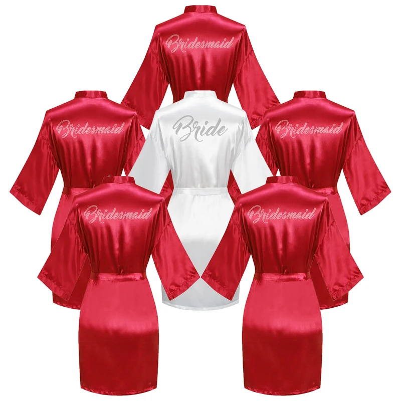 Valennia 6 Pieces Bridal Shower Bathrobe For Bride and Bridesmaid Robe With Rhinestone Getting Ready Kimono Gown, Red Bridal Set, One Size
