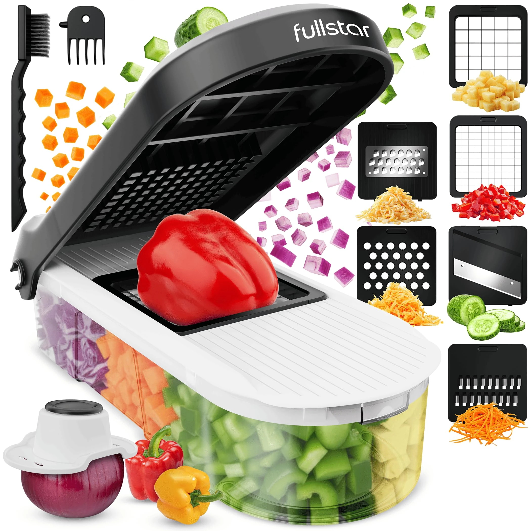 Fullstar Vegetable Chopper Cutter & Mandoline Vegetable Slicer - Veggie Onion Salad Food Chopper Manual - Potato Chipper - Veg Chopper and Dicer - Kitchen Tools & Gadgets (6-in-1 Compact White)