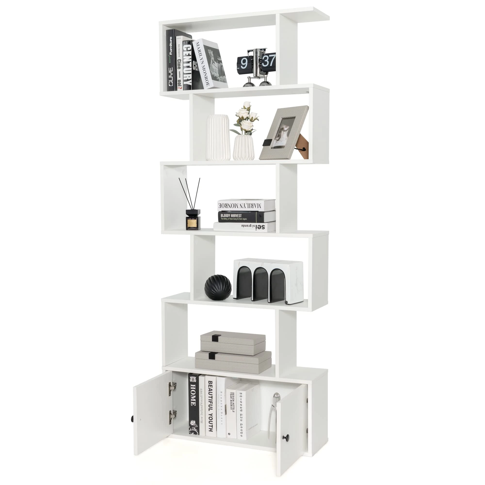 LOKO 6-Tier Geometric Bookcase with Doors, Freestanding Storage Display Shelf with Anti-toppling Devices, S-Shaped Z-Shelf Bookshelf with Cabinet for Living Room, Bedroom, Study (1, White)