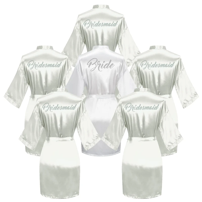 Valennia 6 Pieces Bridal Shower Bathrobe for Bride and Bridesmaid Robe with Rhinestone Getting Ready Kimono Gown, Silver Bridal Set, One Size