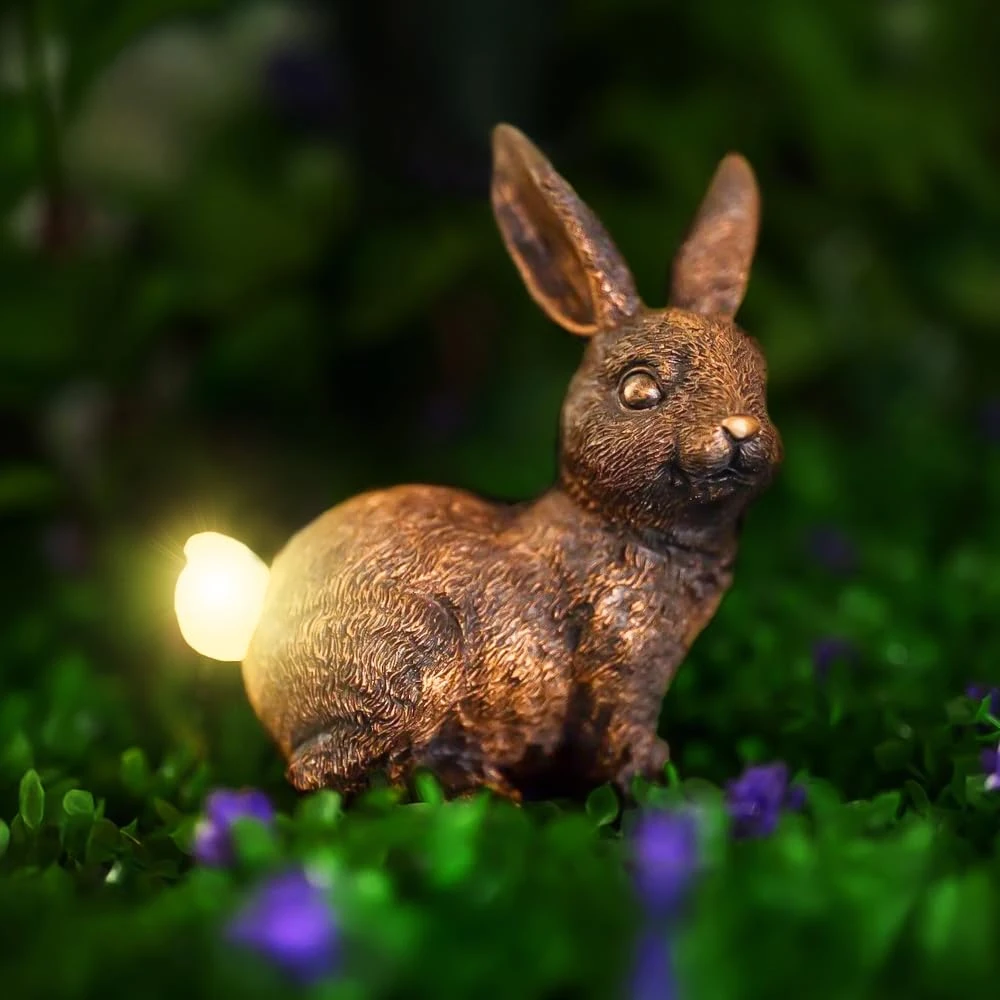Garden Mile Solar Rabbit Ornament for Garden - Bronze Effect Ornaments Outdoor Statue Waterproof Resin Sculpture with Solar Lights Outdoor Ornament Animal Sculpture for Garden