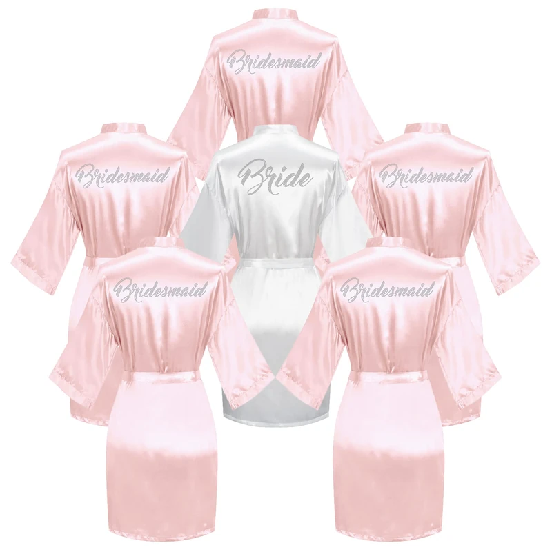 Valennia 6 Pieces Bridal Shower Bathrobe for Bride and Bridesmaid Robe with Rhinestone Getting Ready Kimono Gown, Pink Bridal Set, One Size