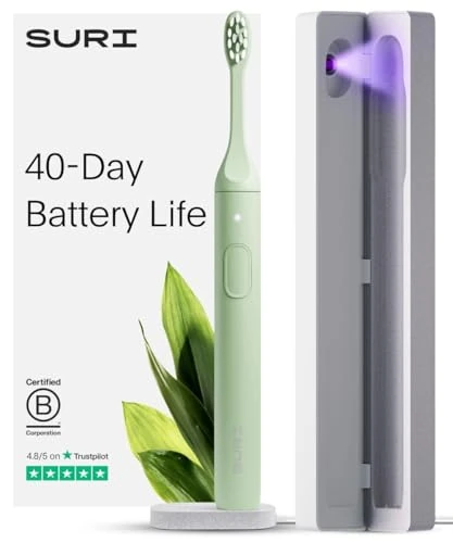 SURI 1.0 Sonic Electric Toothbrush with UV Cleaning Travel Case | 1 Month+ Battery | UK’s No.1 Rated | Electric Toothbrush Adults | Sonic Toothbrushes | Green