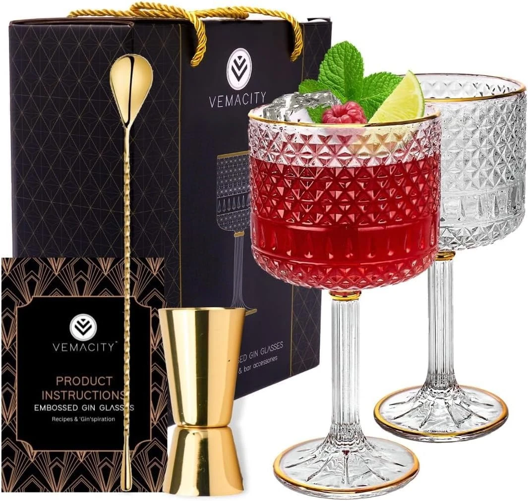 Vemacity Luxury Gin Glasses Set of 2 w/Gold Rims | Includes Gold Spoon, Spirit Measure & Pourer | Crystal Gin Glass Gifts for Women | Aperol Spritz Gift Set & Cocktail Glasses | Ideal for Christmas