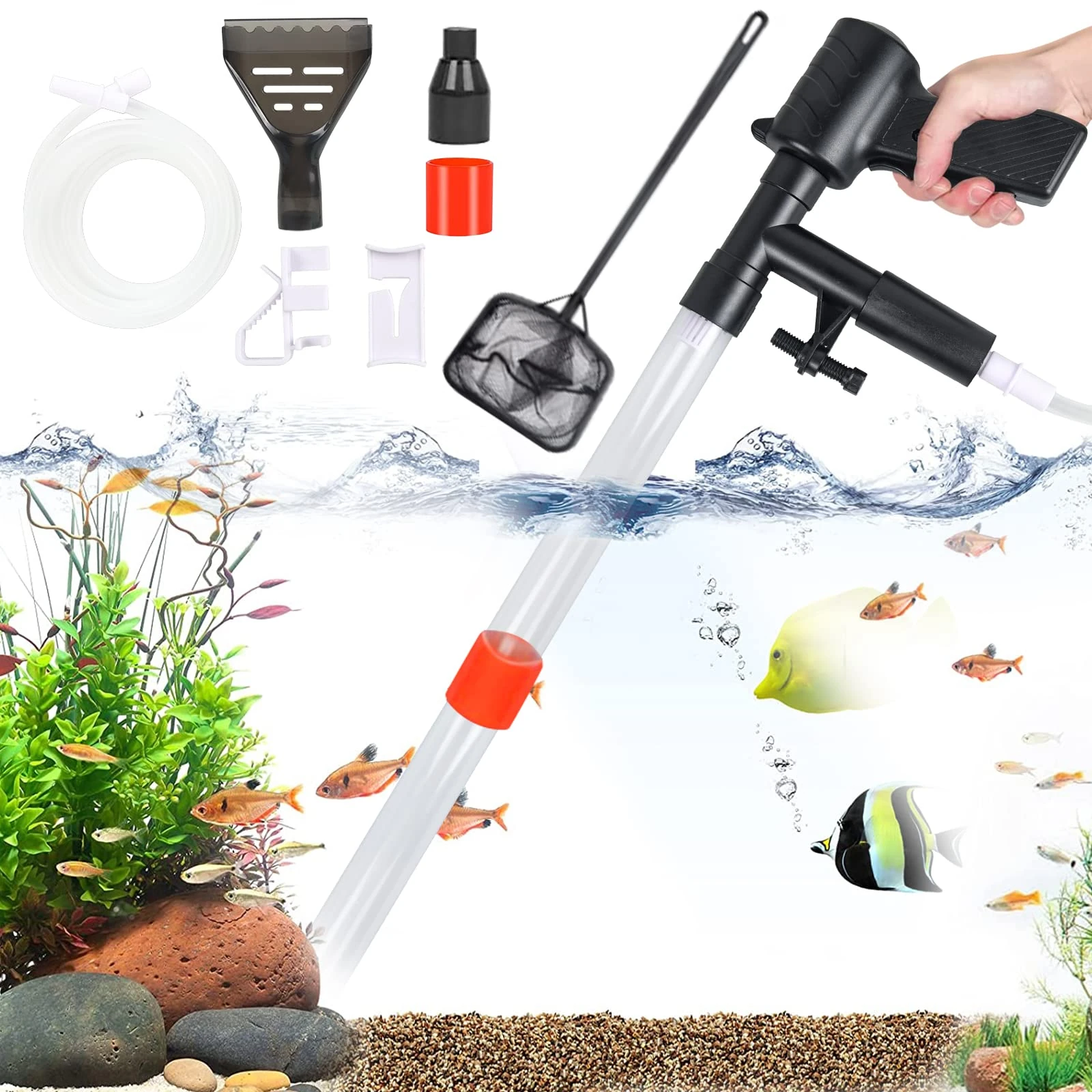 Fish Tank Aquarium Gravel Cleaner, Quick Water Changer Fish Tank Sand Vacuum Cleaner Kit with Air-Pressing Button, Aquarium Siphon Vacuum Cleaner with Fish Tank Net for Water Changing Cleaning Gravel