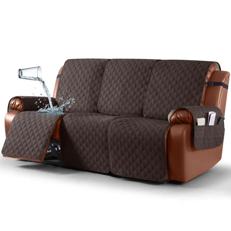 Ruaozz Waterproof Recliner Sofa Cover 1-Piece Couch Covers for Reclining Couches Reclining Sofa Cover Washable Furniture Protector with Elastic Straps Pocket for Kids, Pets (Chocolate, 3 Seater)