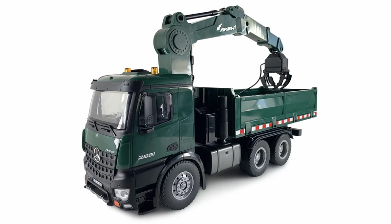 Amewi 22568 Mercedes-Benz Arocs Licensed Crane Truck with Tipper RTR Including Battery and Remote Control Green