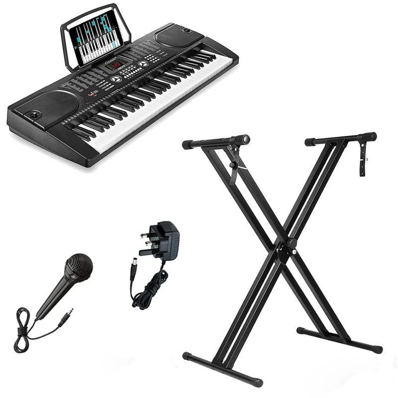 Crystals® 61 Keys Electronic Teaching Keyboard Digital Music Piano Instrument & Microphone with Keyboard Stand - Black (With Double Braced Stand)