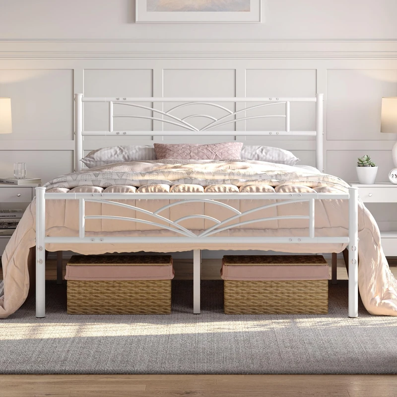 Yaheetech 4ft6 Double Bed Metal Platform Bed Frame with Cloud-inspired Design Headboard and Metal Bed Slats, Ample Under-bed Storage White