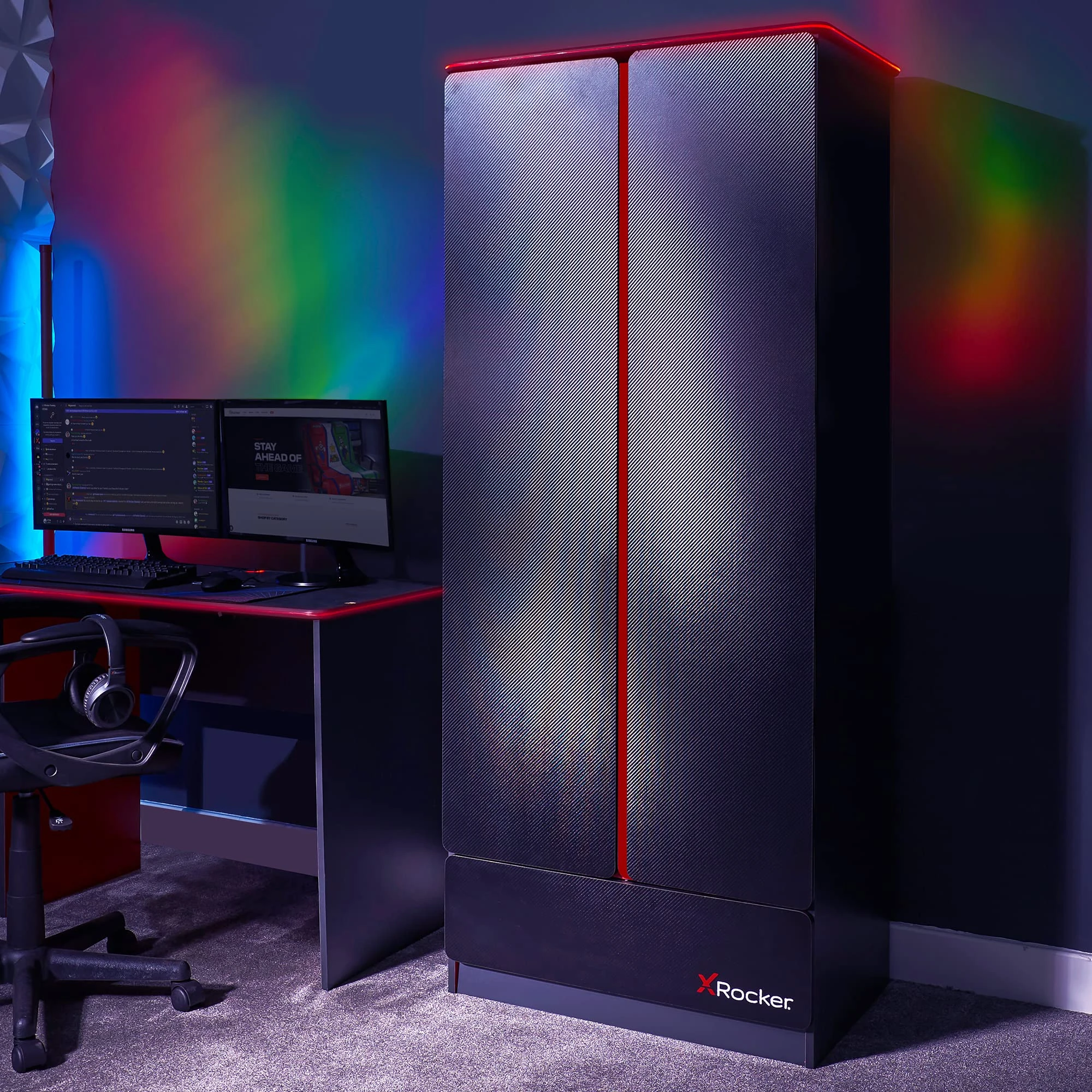 X-Rocker Carbon-Tek 180cm x 80cm, RGB LED 2 Door Wardrobe - Neo Fibre Lighting, Clothes Hanging Rail, Storage Shelf, Bottom Drawer, Durable Wooden Frame for Kids & Teens - Grey & Red