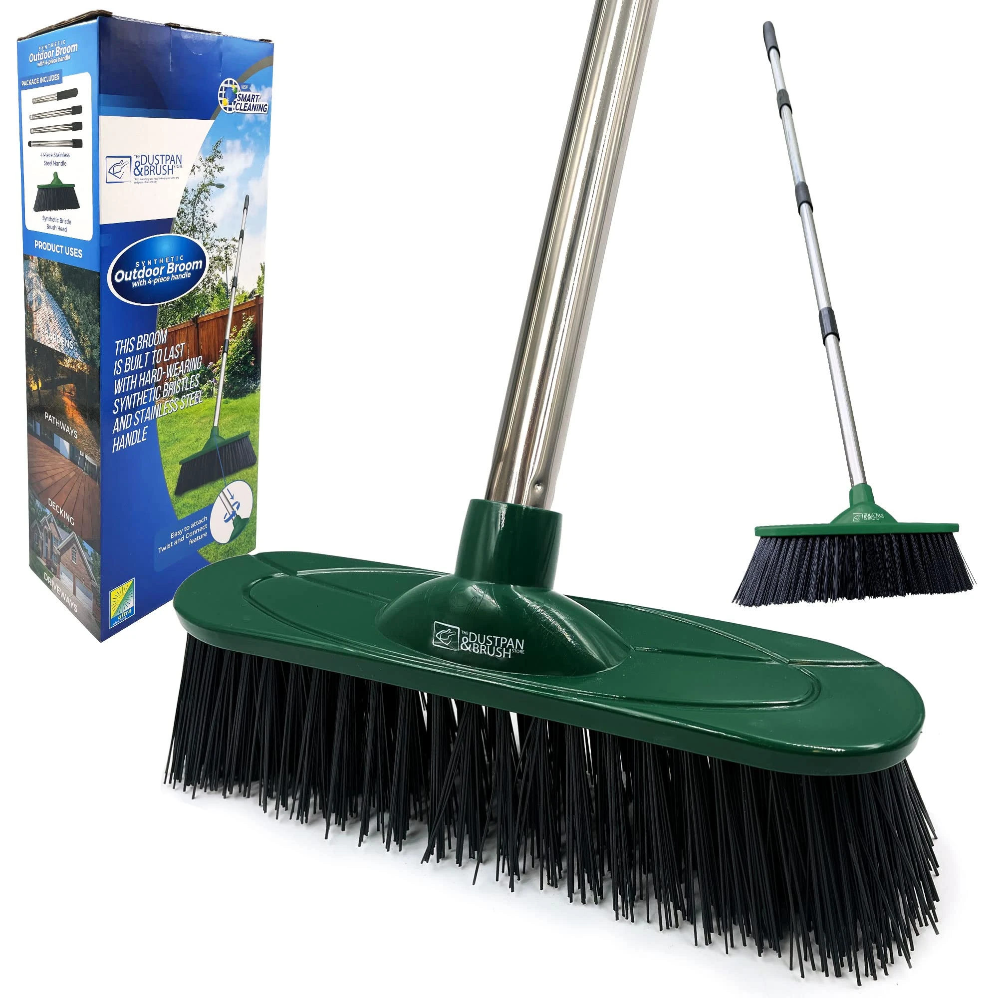 Yard Broom Outdoor Heavy Duty, 10” Garden Broom Synthetic Hard Bristle Brush Head with Strong Handle, Stiff Sweeping Brush Outdoor