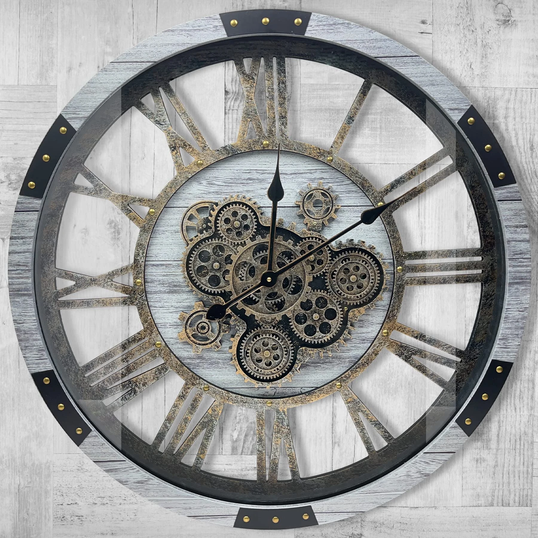 Real Moving Gears Wall Clock, Large Wall Clock Oversized Silent Vintage Steampunk Industrial Rustic Farmhouse Wooden Clocks for Living Room Kitchen Studio Cafe Wall Decor(60cm/24inch,Silver Grey