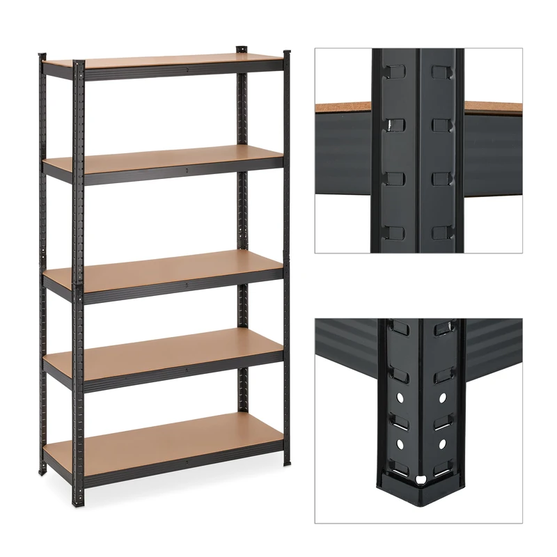 Relaxdays Heavy Duty Shelving Unit, 5 Levels, H x W x D: 180 x 100 x 30 cm, 1250 kg max Load, Metal, MDF, Black, Steel
