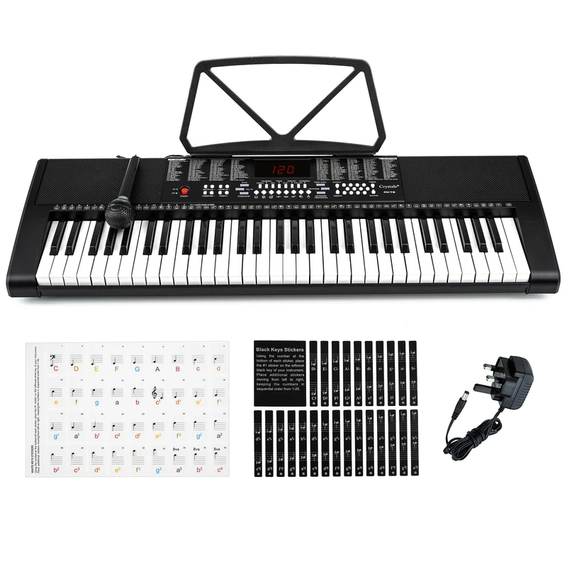 Crystals® 61 Keys Teaching Type Electronic Keyboard Digital Music Instrument Piano & Microphone with Keyboard Stand - Black (With Double Braced Stand)