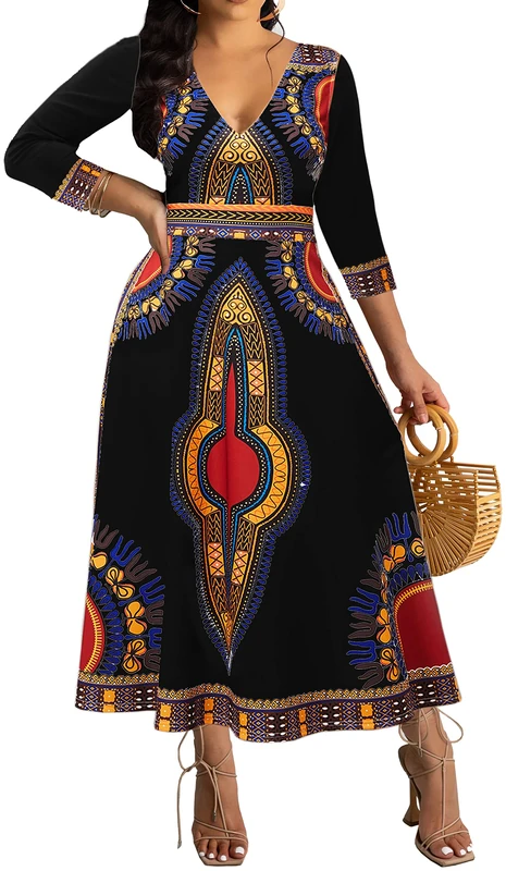 VisiChenup Womens Casual Floral Print Sexy Long Maxi African Dress Clubwear Party Outfits, Black, XXL - Image 1