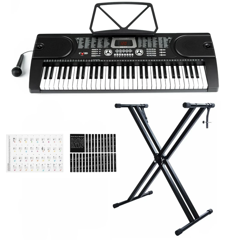 61 Key Electronic Keyboard Digital Piano Workstation MP3 Music Instrument With Microphone + Keyboard Stand - Black (With Double Braced Stand)