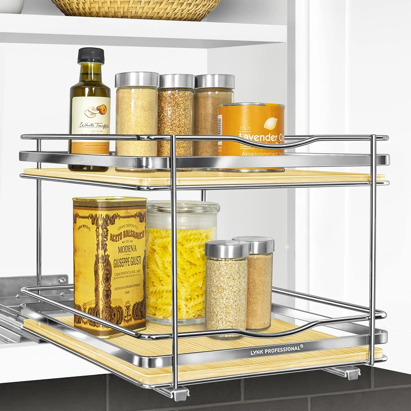 LYNK PROFESSIONAL® Élite™ Pull Out Spice Rack Organizer for Inside Kitchen Cabinets - 10-1/4 inch Wide - Slide Out Drawer – Wood/Chrome Sliding Spice Cabinet Organization Shelf Racks - 2 Tier