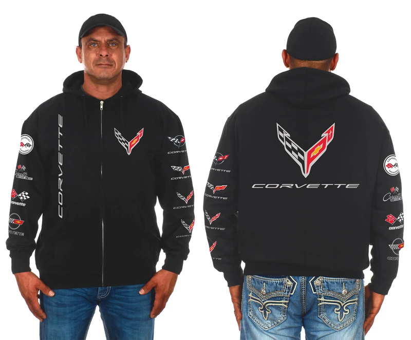 JH DESIGN GROUP Men's Herren Chevy Corvette C8 Collage Zip Up Hoodie Schwarz Sweatshirt Hooded, Black, L