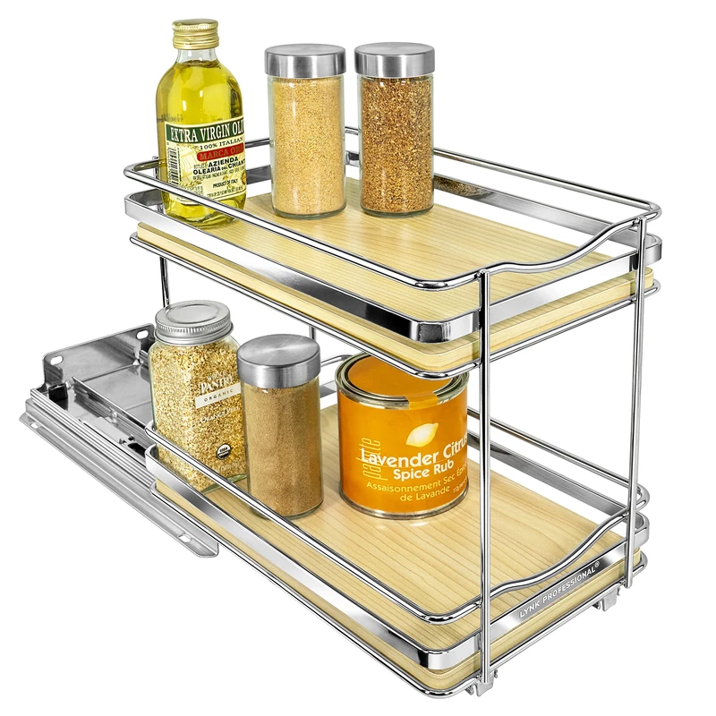 Lynk Professional® Élite™ Pull Out Spice Rack Organizer for Cabinet - Lifetime Limited Warranty - Slide Out Rack, 6-1/4 inch Wide, Wood and Chrome Sliding Spice Organizer Shelf - Double