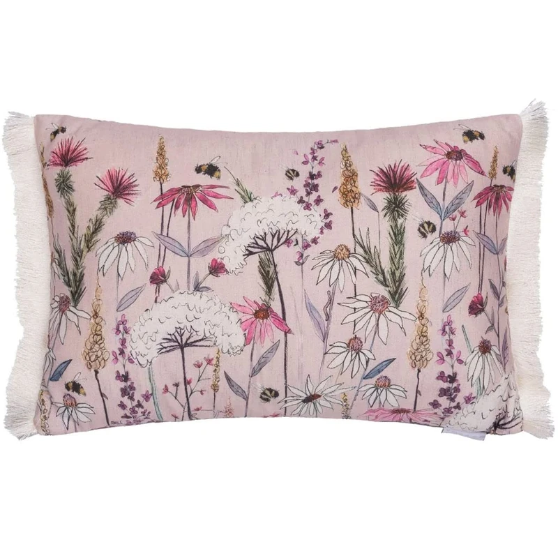Voyage Maison Hermione Feather Filled Cushion – Fringed Nature Inspired Bee Floral Watercolour British Design (Blush - 40x60cm)