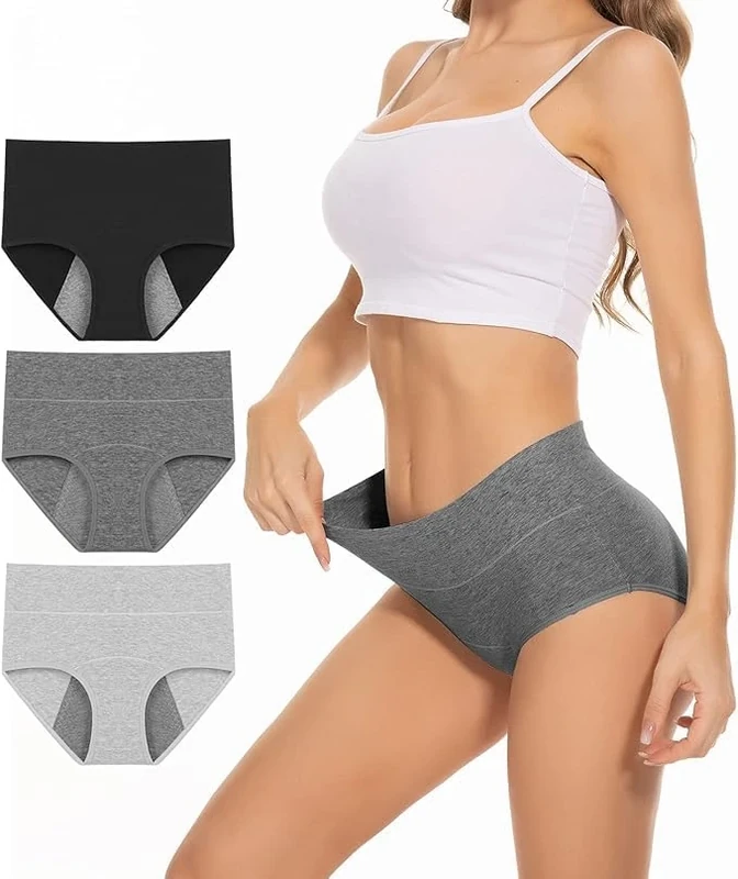 PULIOU Women Period Pants High waisted Heavy Flow Postpartum Underwear Leakproof Menstrual Knickers Extra Protection Pack of 3, Blackxdarkgreyxlightgrey, XL