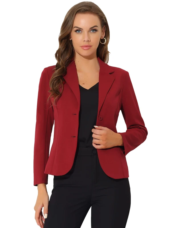 Allegra K Women's Work Office Blazer Stretch Lapel Collar Long Sleeve Jacket Suit Blazer, Burgundy, L