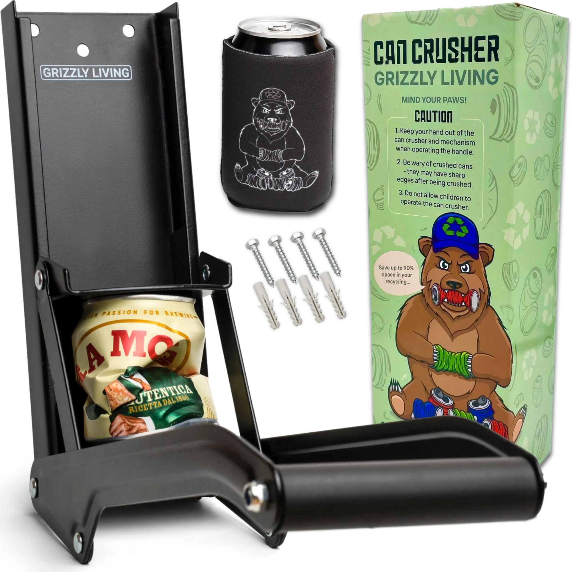 Can Crusher for Recycling by Grzzly Living | Heavy Duty Can Crusher Wall Mounted 500ml or 16oz Cans | Wall mounted Can Smasher for Recycling Beer or Soft Drinks Cans