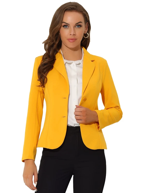 Allegra K Women's Work Office Blazer Stretch Lapel Collar Long Sleeve Jacket Suit Blazer, Yellow, M