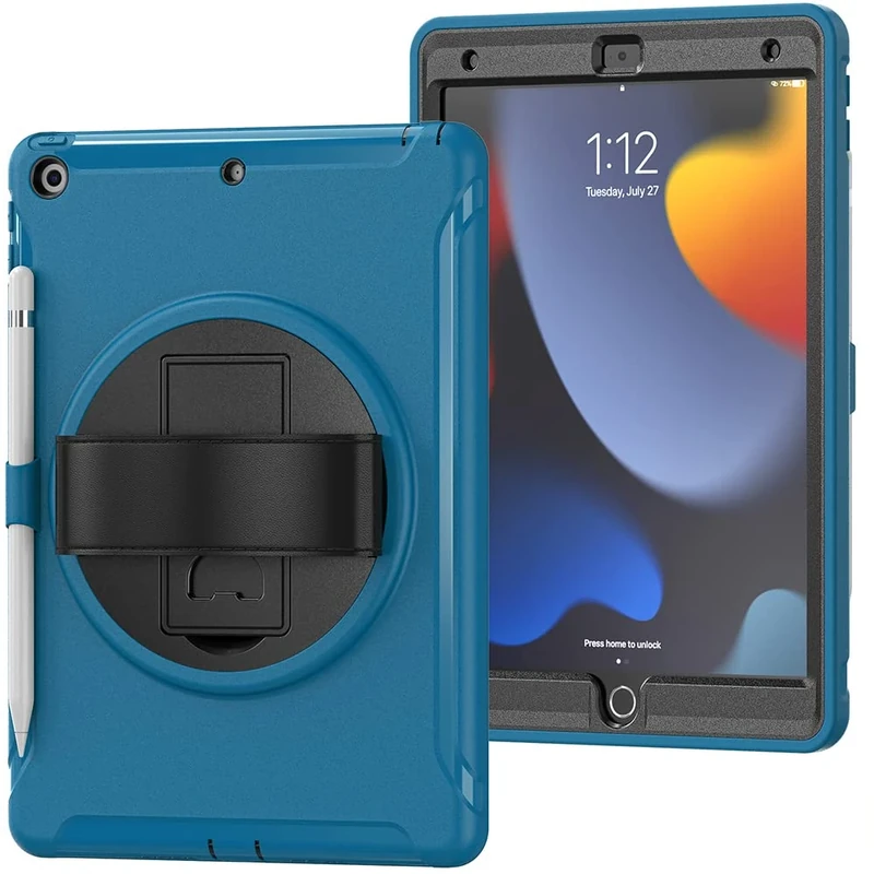 Case for iPad 10.2 Inch 9/8/7 Gen (2019/2020/2021) with Pen Slot, Shockproof Non-Slip Protective Case with Rotating Holder Hand Strap, Light Blue