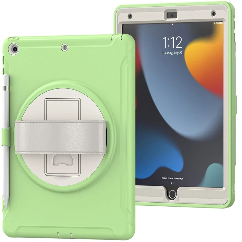 Case for iPad 10.2 Inch 9/8/7 Gen (2019/2020/2021) with Pen Slot, Shockproof Non-Slip Protective Case with Rotating Holder Hand Strap, Matcha Green