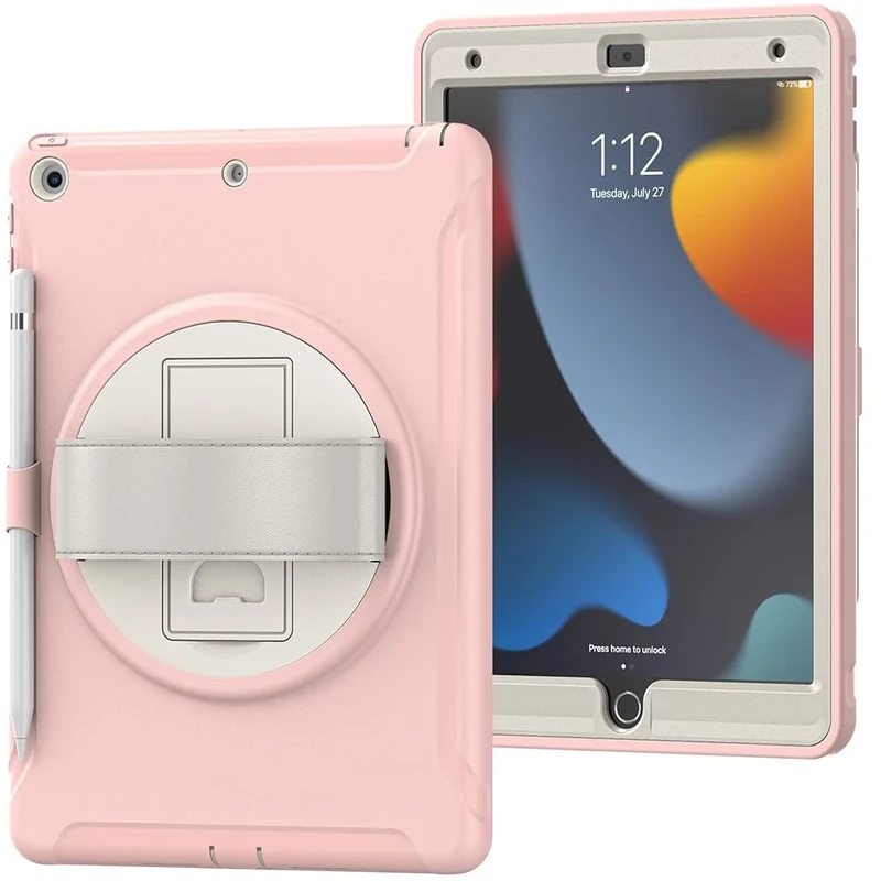 Case for iPad 10.2 Inch 9/8/7 Gen (2019/2020/2021) with Pen Slot, Shockproof Non-Slip Protective Case with Rotating Holder Hand Strap, Pink