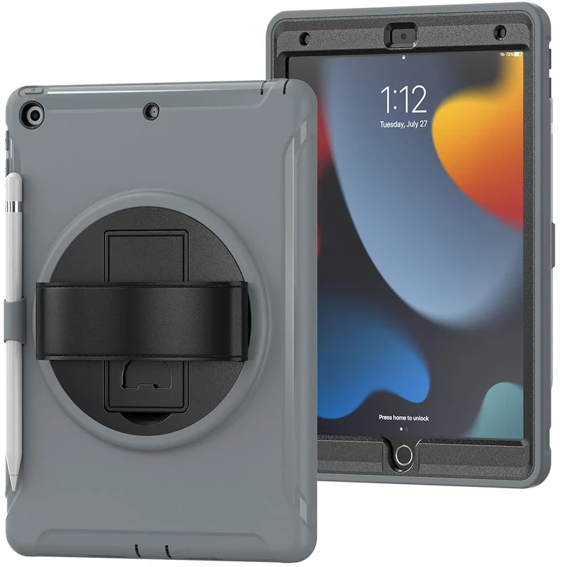 Case for iPad 10.2 Inch 9/8/7 Gen (2019/2020/2021) with Pen Slot, Shockproof Non-Slip Protective Case with Rotating Holder Hand Strap, Grey