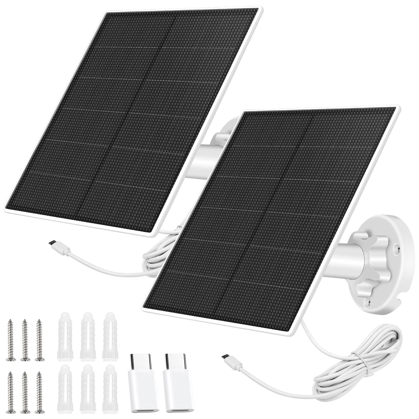 5W Solar Panel for Security Camera - DC 5V With Micro USB & USB-C Port, IP65 Waterproof Charger, 360° Adjustable Mounting (2 Pack)