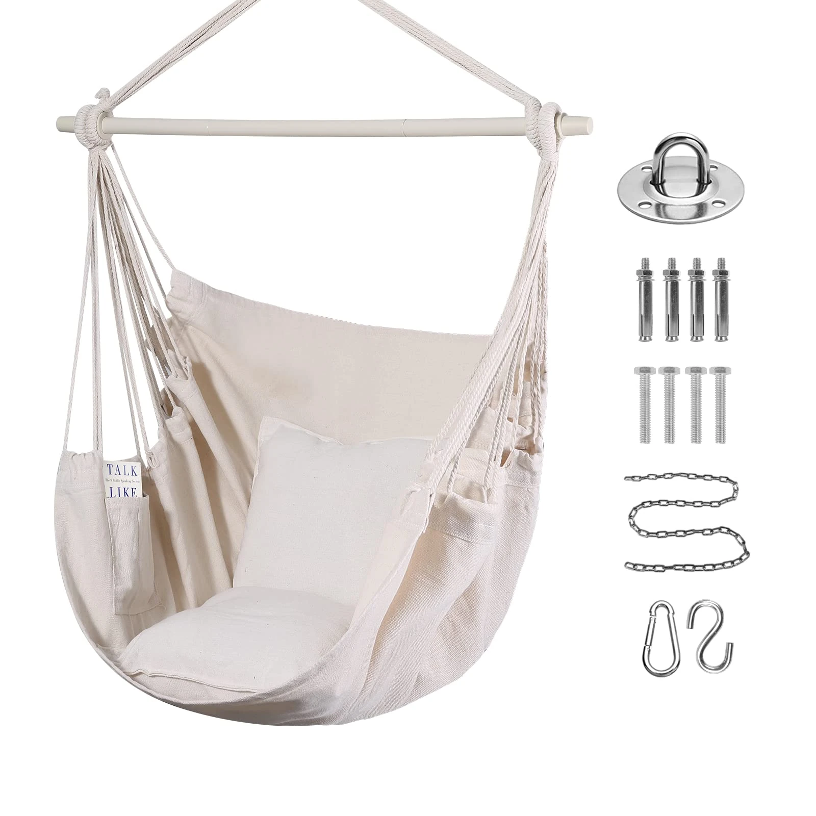 Goutime Hammock Chair Swing with 2 Seat Cushions Pillows, Hanging Chair with Detachable Metal Support Bar,Swing Chair with Carry Bag,Hanging Chair for Bedroom,Outdoor Chair,Maximum 330 Lbs (Beige)