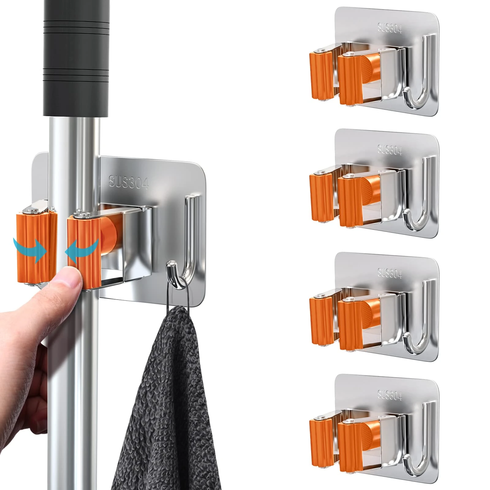 homeasy Mop Broom Holder, 4 Pcs Stainless Steel Self Adhesive Mop Holder Wall Mounted with Hooks Hanger Self-Adhesive Broom Holder (Orange)