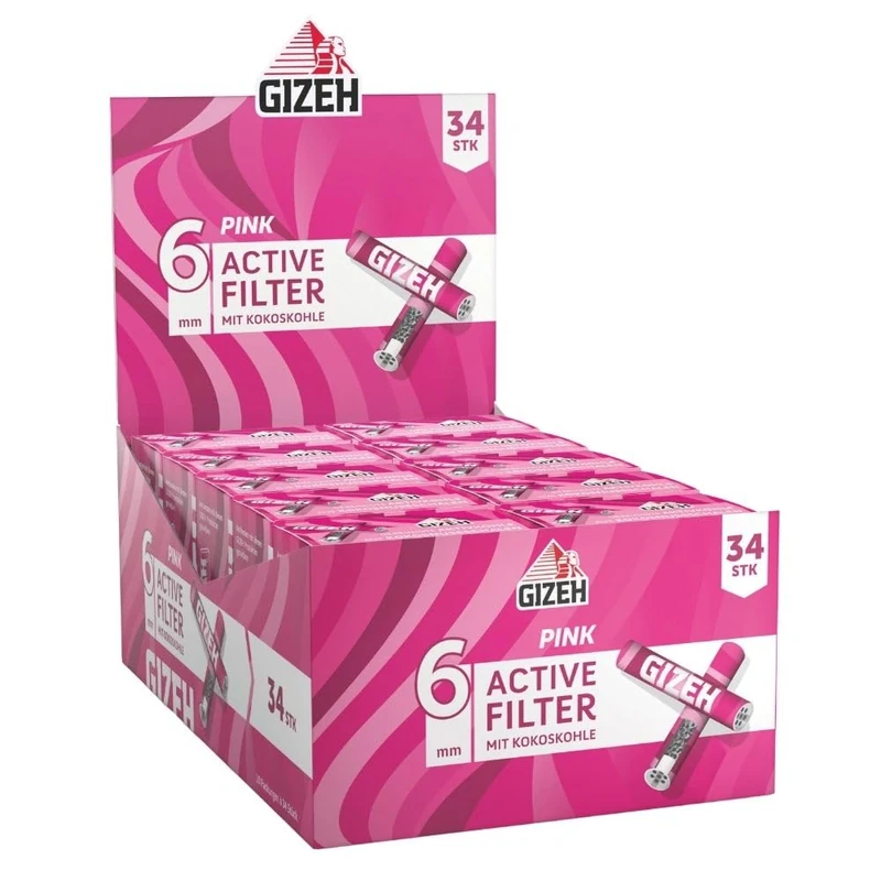 GIZEH Pink Active Filter - Activated Carbon Filter Slim 6 mm Diameter - Activated Carbon Filter Slim with Activated Carbon from Coconut Shell - Filter with 27 mm Length in Pack of 10 x 34 Filters