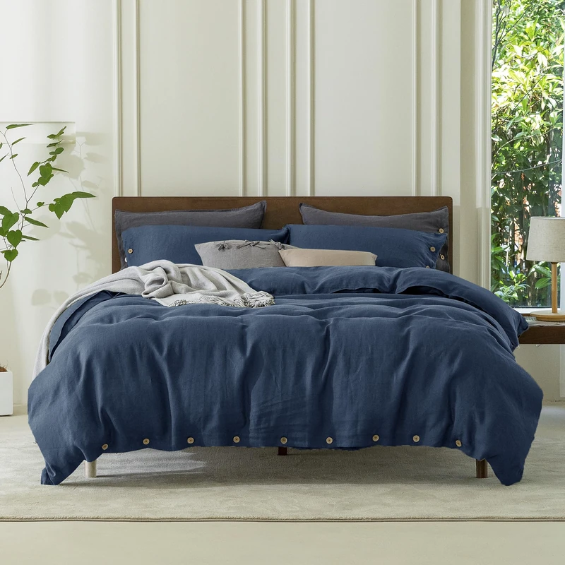 EVERLY100% Pure Linen Duvet Cover Set Queen Size90X90Inch 3pcs (1 Duvet Cover,2 Pillowcases) Soft and Breathable for All Season with Coconut Button Closure, Suitable for Hot Sleepers-Navy Blue