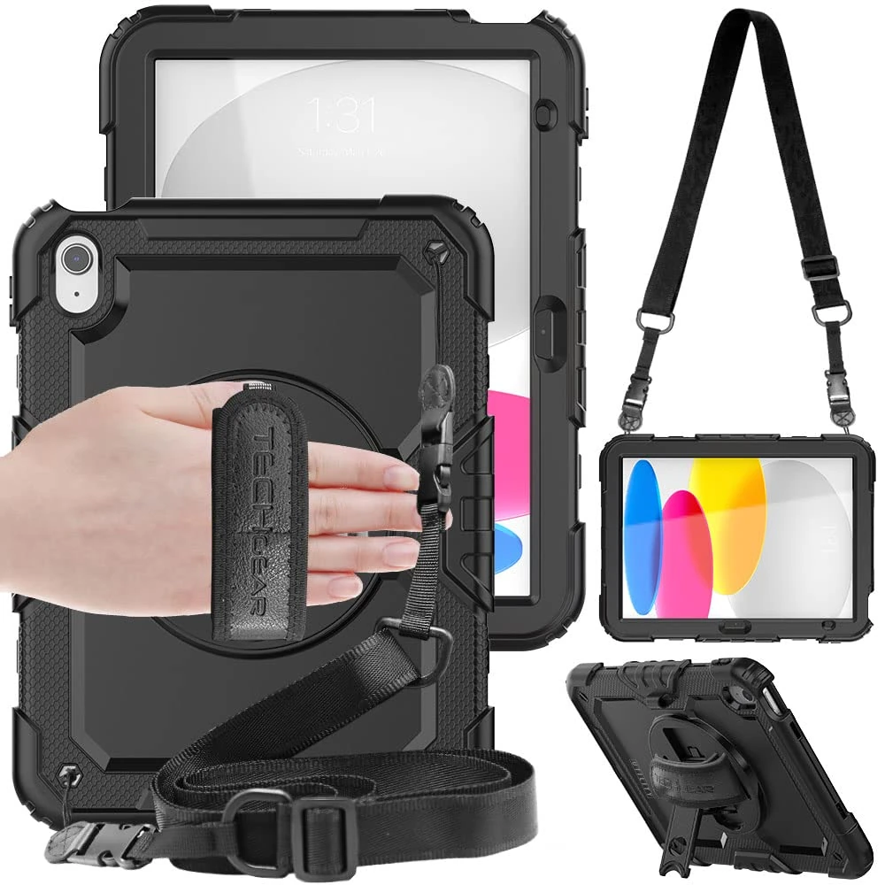 TECHGEAR UTILITY Case for iPad 11" A16 (11th Gen 2025) & 10.9" (10th 2022), Rugged Heavy Duty Shockproof Cover Screen Protection, 360 Stand, Hand & Shoulder Strap - for Work, School, Travel etc- Black