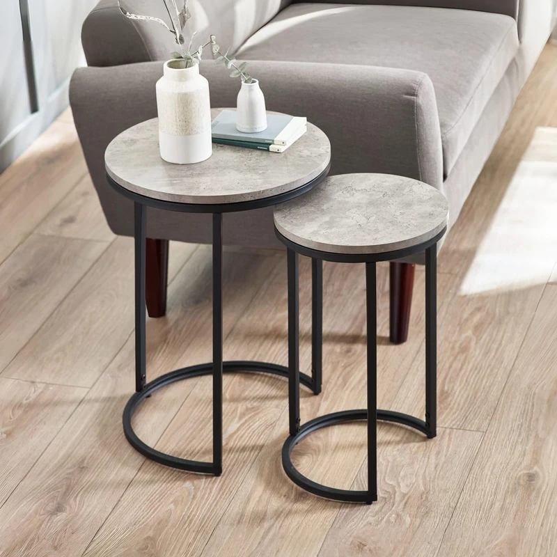 Julian Bowen Staten Round Nesting Side Tables - Concrete/Black Lamp