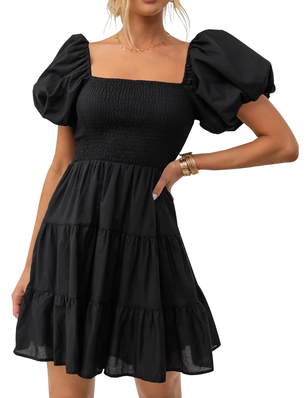 ZESICA Women's Boho Summer Square Neck Puff Sleeve Off Shoulder Smocked Tiered Casual A Line Short Mini Dress, Black, Small - Image 1