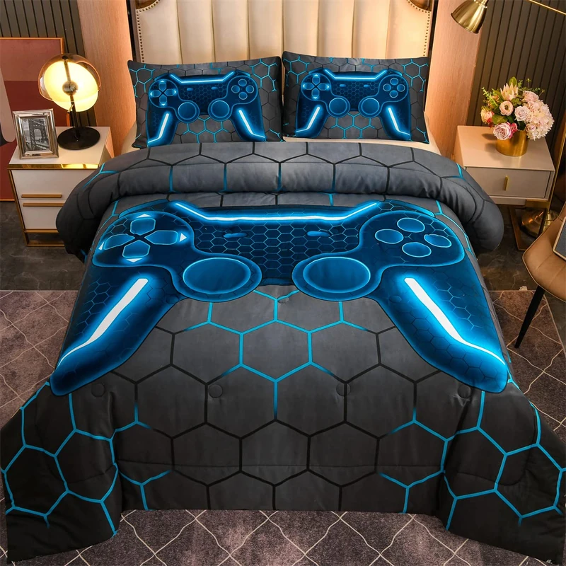 NTBED Game Console Comforter Set for Boys Kids Teens,5 Pieces Gaming Geometric Bed in a Bag,Lightweight Microfiber Gamer Bedding Comforter with Sheet (Blue, Twin)