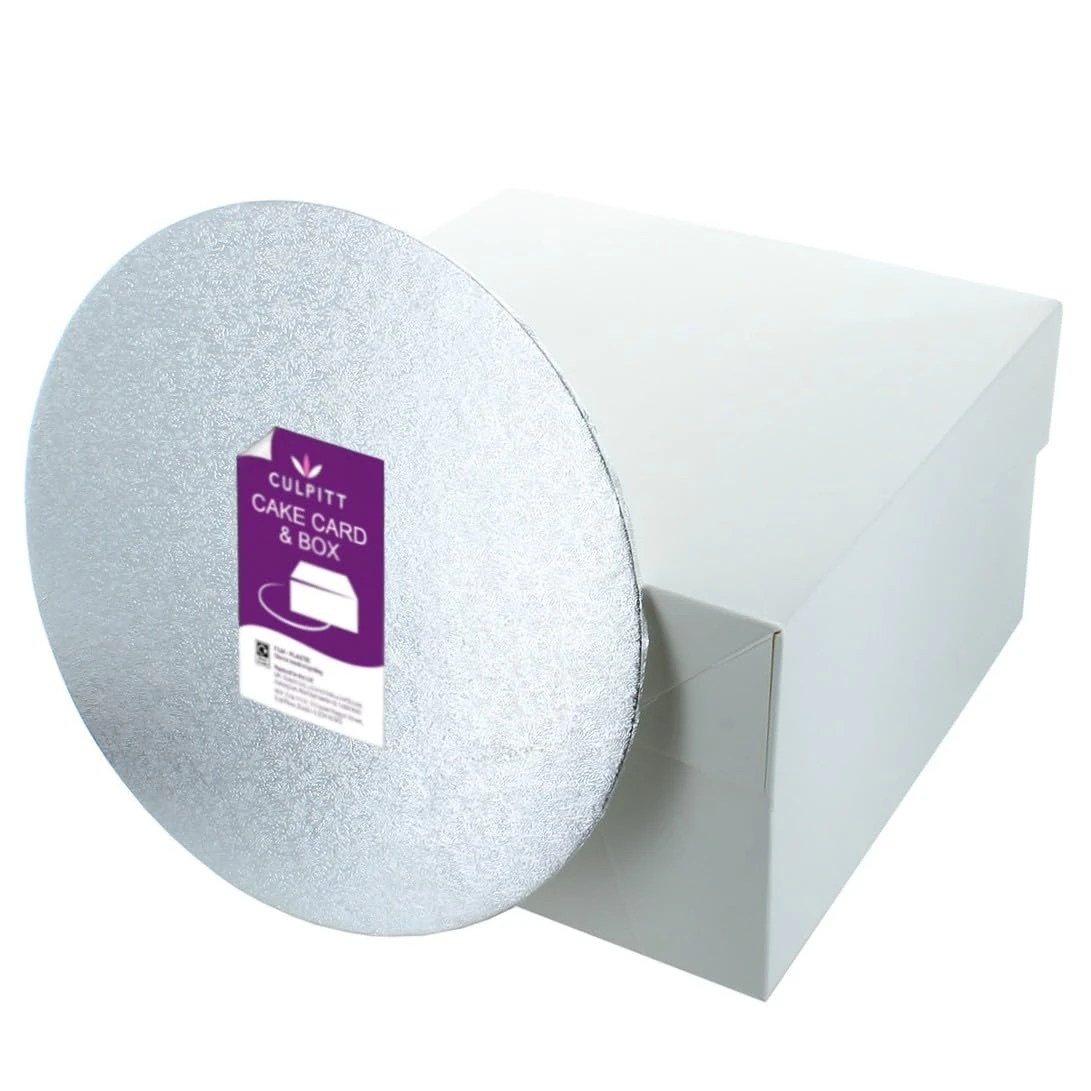 Culpitt 10" Round Silver Cake Card & White Box Combo, 3mm Turned Edge Board and For Sponge Cakes, Muffins, Cupcakes